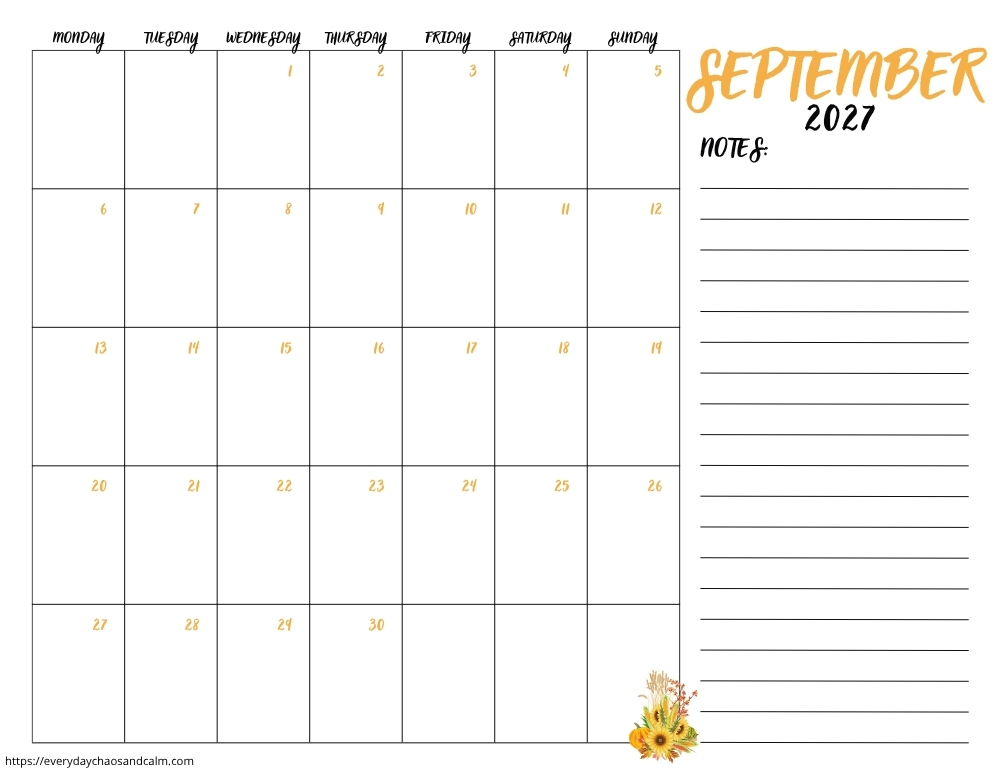 printable September 2027 calendar- monday start