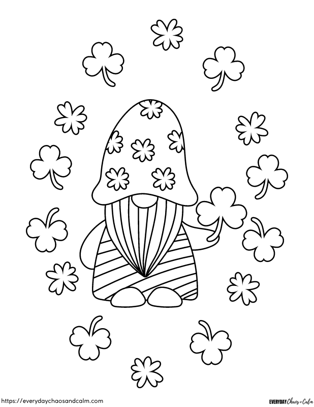 shamrock coloring page with gnome