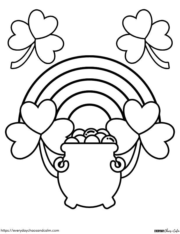 shamrock coloring page with rainbow and pot of gold