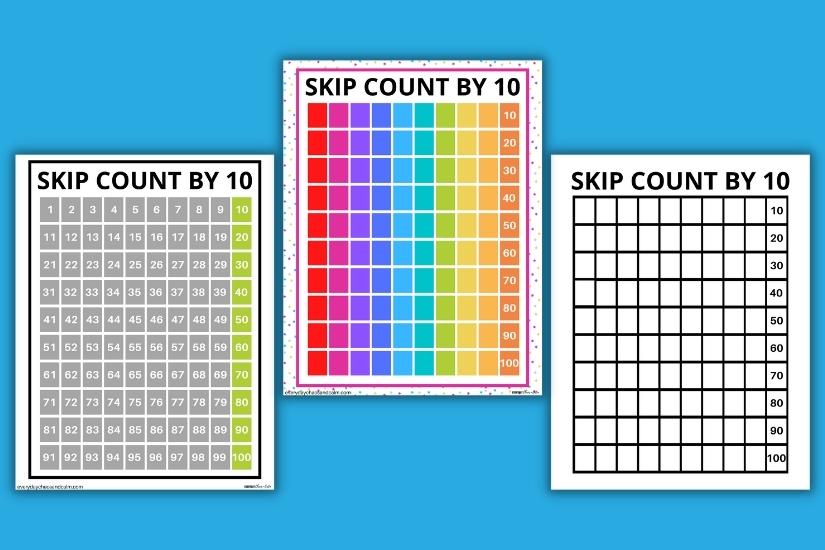 Skip Counting Charts Skip Counting by 10 Free printable skip counting charts, math kindergarten, 1st grade, 2nd grade, 3rd grade, PDF