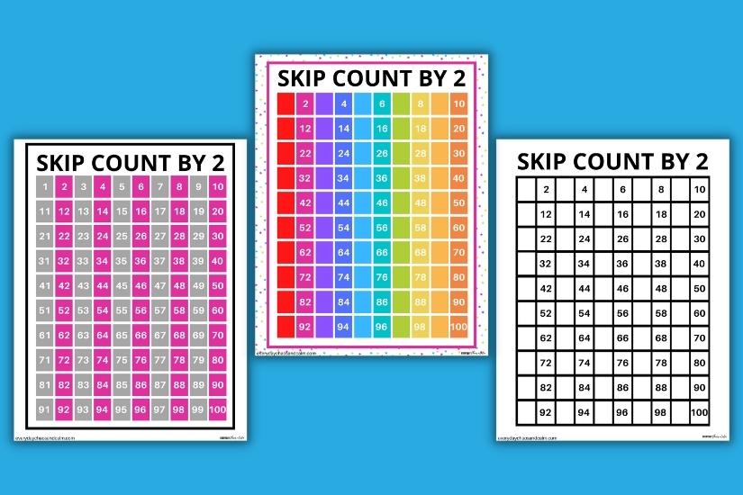 Skip Counting Charts Skip Counting by 2 Free printable skip counting charts, math kindergarten, 1st grade, 2nd grade, 3rd grade, PDF