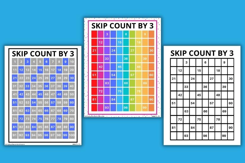 Skip Counting Charts Skip Counting by 3 Free printable skip counting charts, math kindergarten, 1st grade, 2nd grade, 3rd grade, PDF