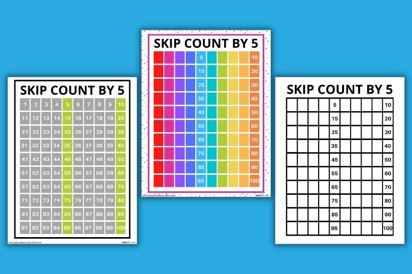 Skip Counting Charts Skip Counting by 5 Free printable skip counting charts, math kindergarten, 1st grade, 2nd grade, 3rd grade, PDF