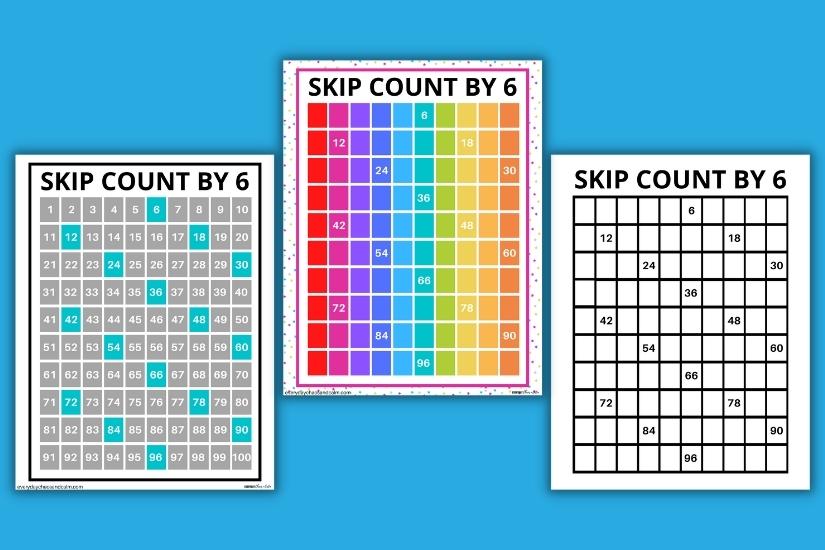 Skip Counting Charts Skip Counting by 6 Free printable skip counting charts, math kindergarten, 1st grade, 2nd grade, 3rd grade, PDF