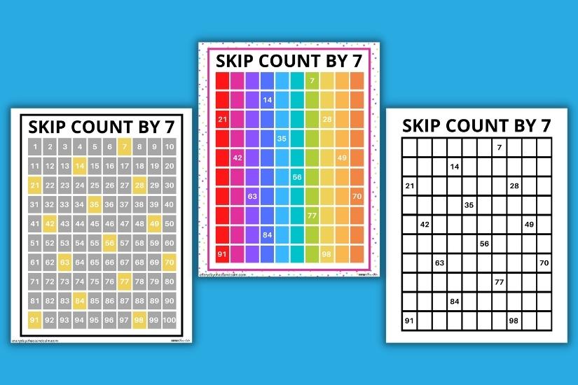 Skip Counting Charts Skip Counting by 7 Free printable skip counting charts, math kindergarten, 1st grade, 2nd grade, 3rd grade, PDF