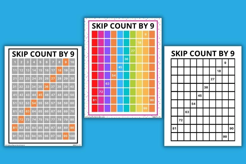 Skip Counting Charts Skip Counting by 9 Free printable skip counting charts, math kindergarten, 1st grade, 2nd grade, 3rd grade, PDF