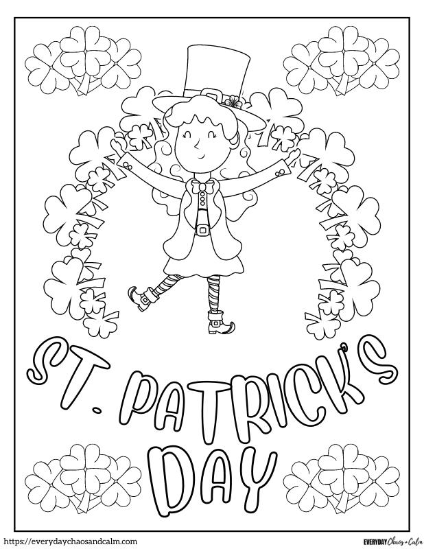 St. Patrick's Day coloring page with girl leprechaun and lots of shamrocks