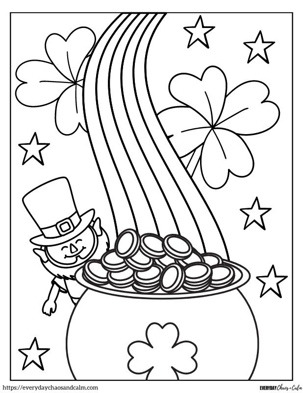 St. Patrick's Day coloring page with shamrocks, pot of gold, leprechaun, and rainbow