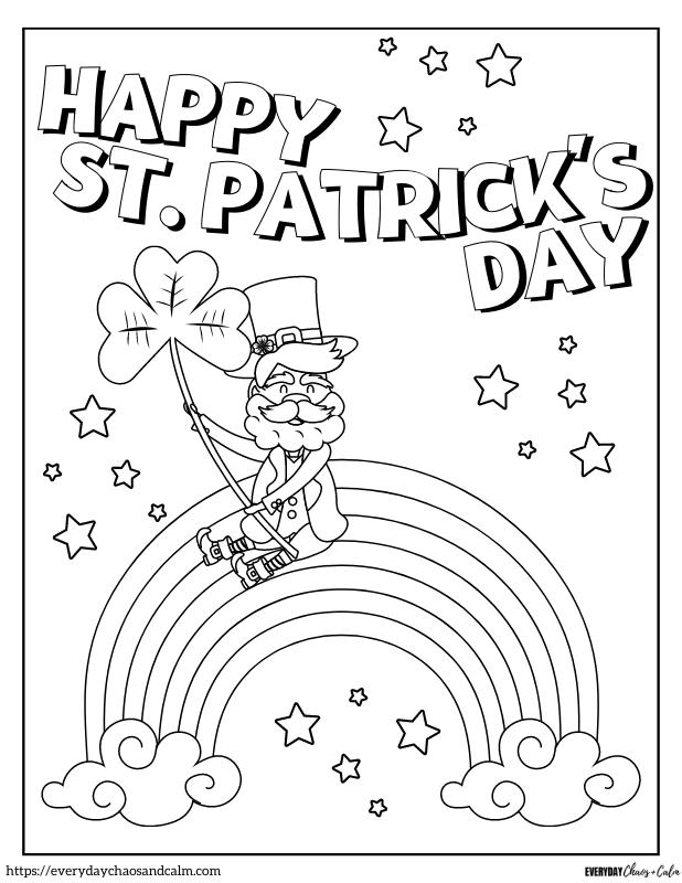 St. Patrick's Day with leprechaun sitting on rainbow and the words happy St. Patrick's Day
