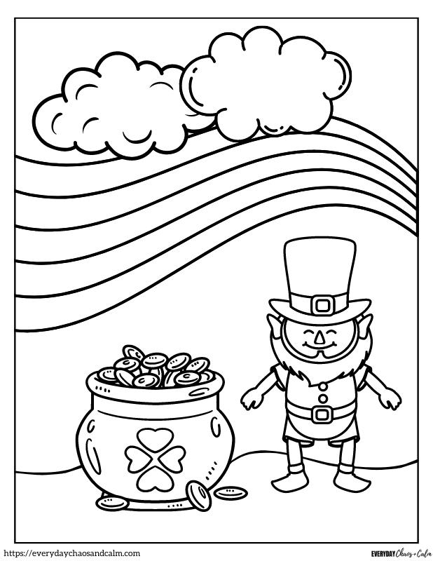 St. Patrick's Day with rainbow and leprechaun next to a pot of gold coloring page