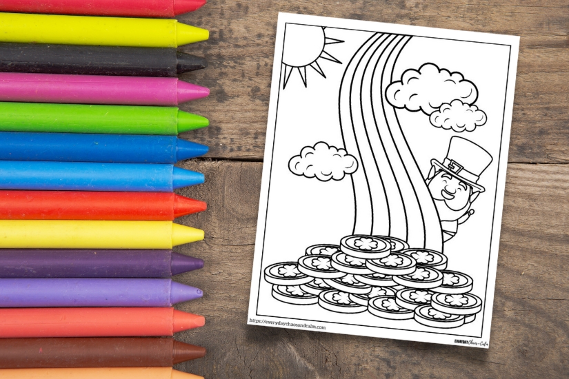 St. Patrick's Day coloring page on a desk with crayons