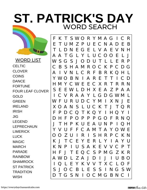 St. patrick's day word search printable