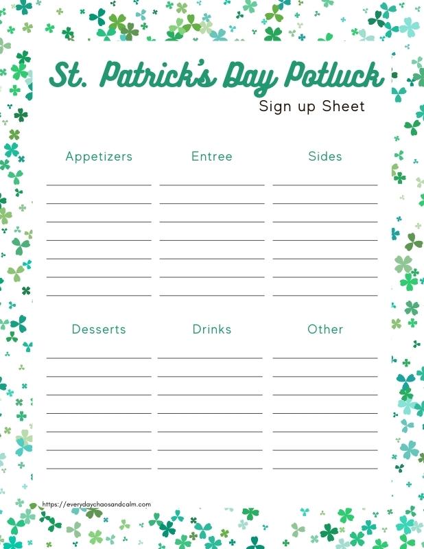 Printable St. Patrick's Day Potluck Sign Up Sheet with Categories Free printable St. Patrick's Day potluck sign up sheets, pdf, holidays, print, download.