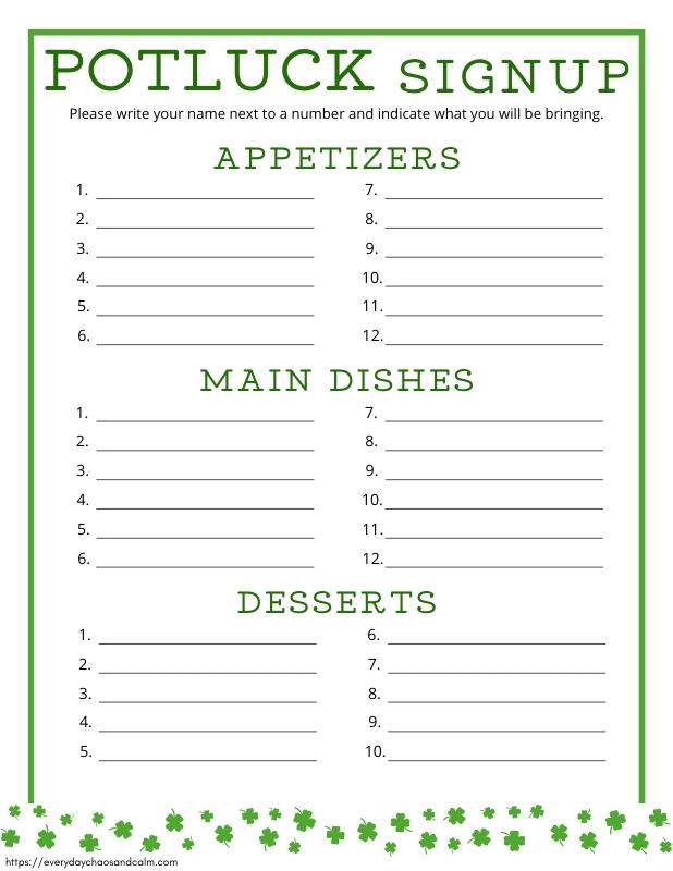 Numbered St. Patrick's Day Potluck Sheet with 3 Categories Free printable St. Patrick's Day potluck sign up sheets, pdf, holidays, print, download.