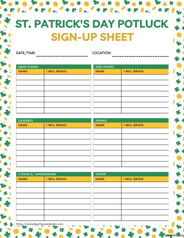 Printable St. Patrick's Day Potluck Sign-Up Sheet with Categories Free printable St. Patrick's Day potluck sign up sheets, pdf, holidays, print, download.