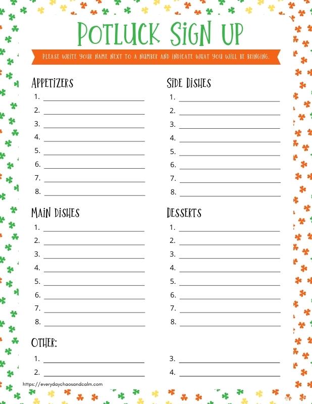 Printable St. Patrick's Day Potluck Signup Sheet with Categories Free printable St. Patrick's Day potluck sign up sheets, pdf, holidays, print, download.