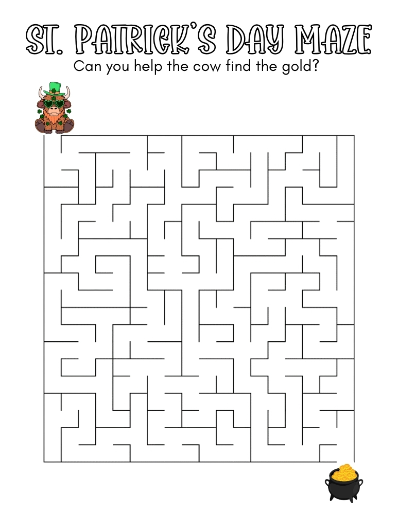 challenging St. Patrick's Day maze, printable student puzzle page, holiday classroom reward, PDF, instant download