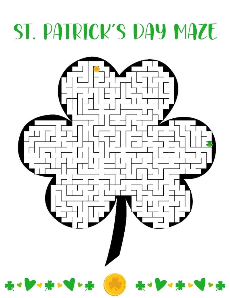 shamrock shaped St. Patrick's Day maze, holiday clover puzzle printable, classroom activity, PDF, instant download
