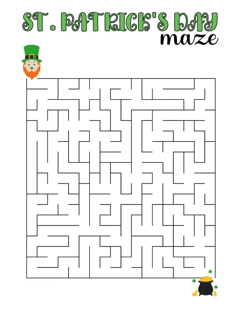 printable St. Patrick's Day maze game, March holiday problem solving worksheet, kids activity, PDF, instant download