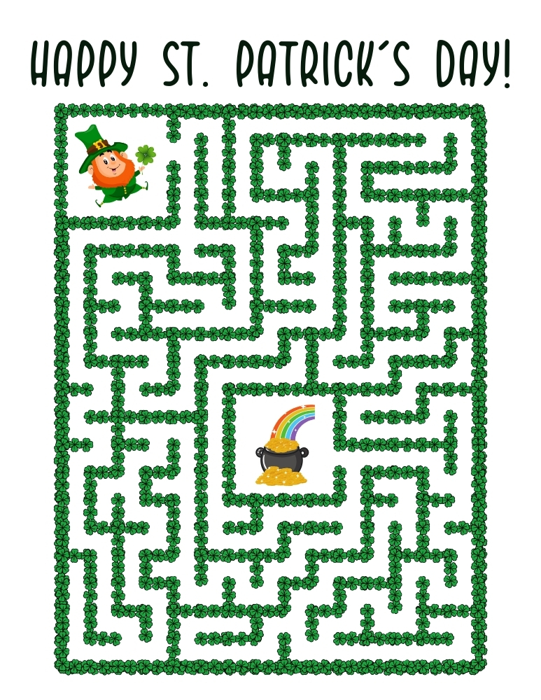 St. Patrick's Day themed printable maze, kids festive holiday logic game, classroom worksheet, PDF, instant download