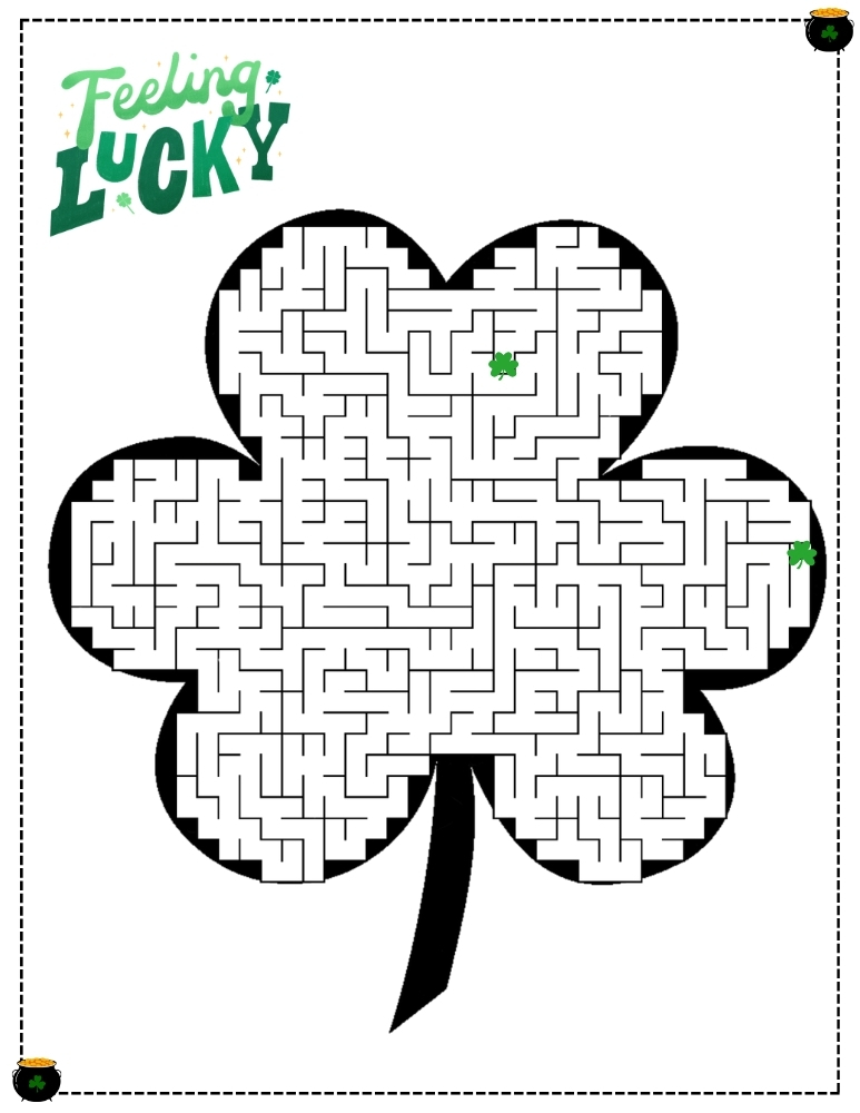 clover shaped St. Patrick's Day maze, printable shamrock puzzle for kids, holiday activity, PDF, instant download