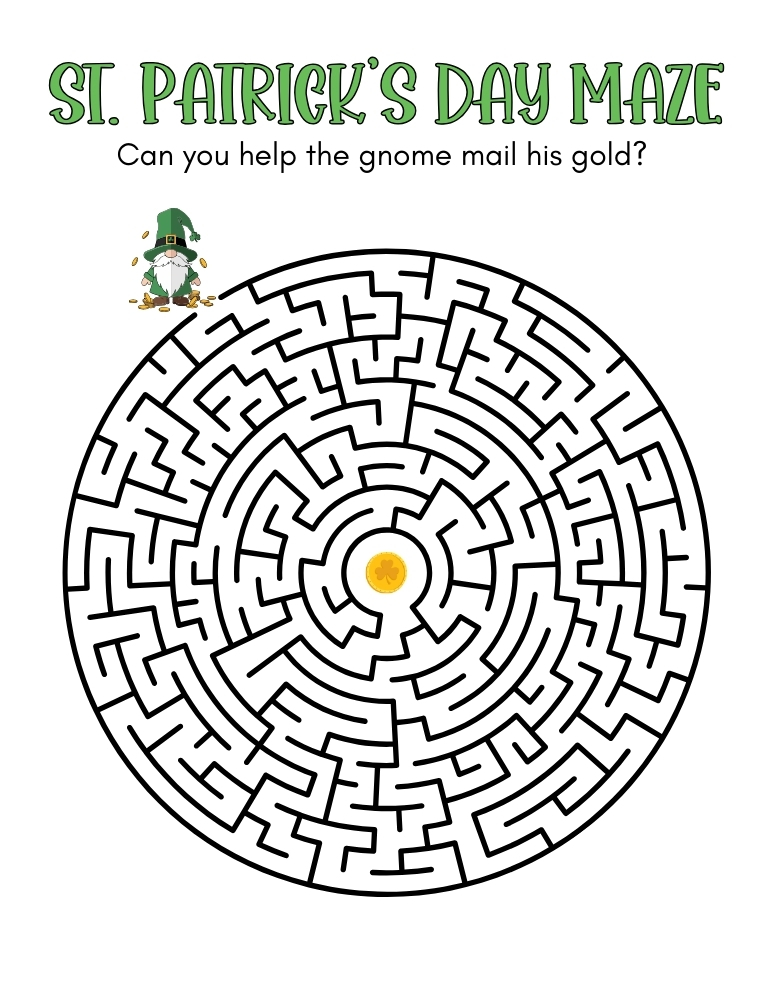 fun St. Patrick's Day maze printable, kids holiday puzzle sheet, early learning game, PDF, instant download