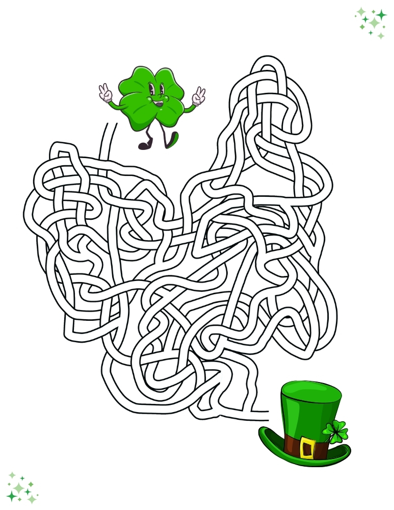 St. Patrick's Day maze activity sheet, printable holiday logic puzzle, family game night, PDF, instant download
