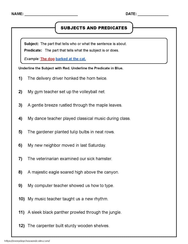 underline subjects and predicates worksheet, sentence parts identification activity, classroom language arts printable, PDF, instant download