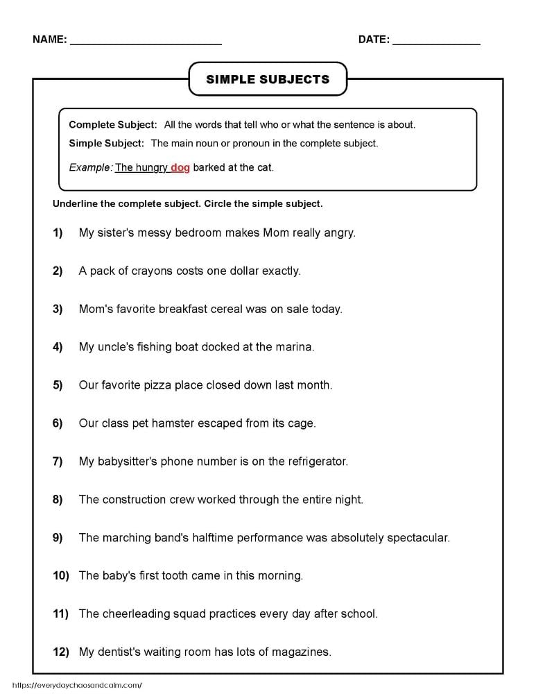simple subjects worksheet, identifying sentence subjects practice, elementary grammar review, PDF, instant download