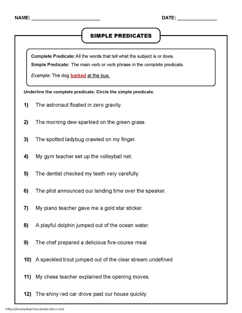 simple predicates worksheet, verb and predicate practice page, homeschool language arts activity, PDF, instant download
