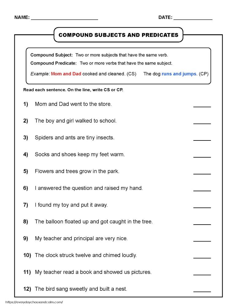 compound subjects and predicates worksheet, advanced sentence building practice, upper elementary grammar printable, PDF, instant download