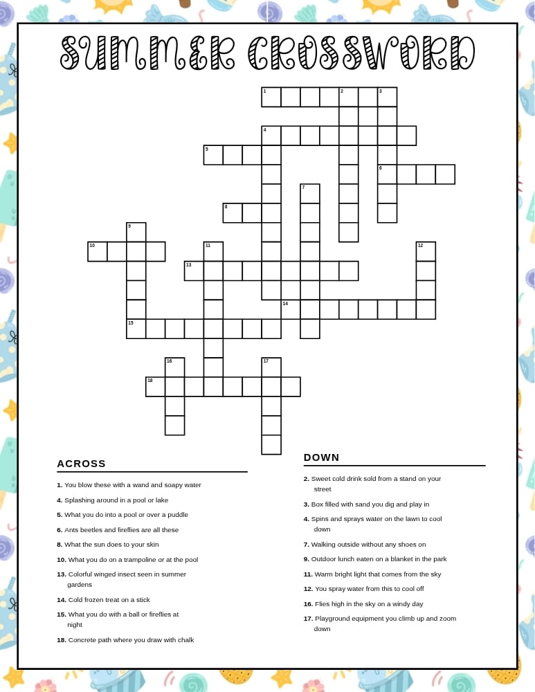 summer crossword worksheet, printable end of school word puzzle, classroom vocabulary activity, PDF, instant download
