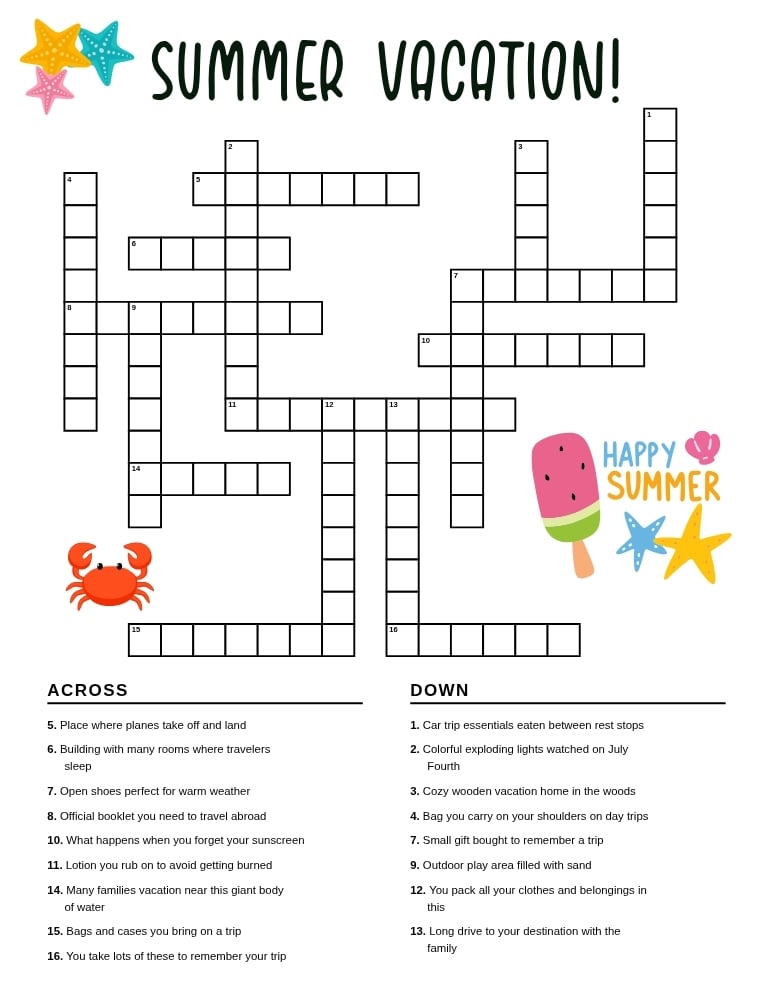 summer vacation crossword puzzle, kids travel game printable, road trip activity sheet, PDF, instant download