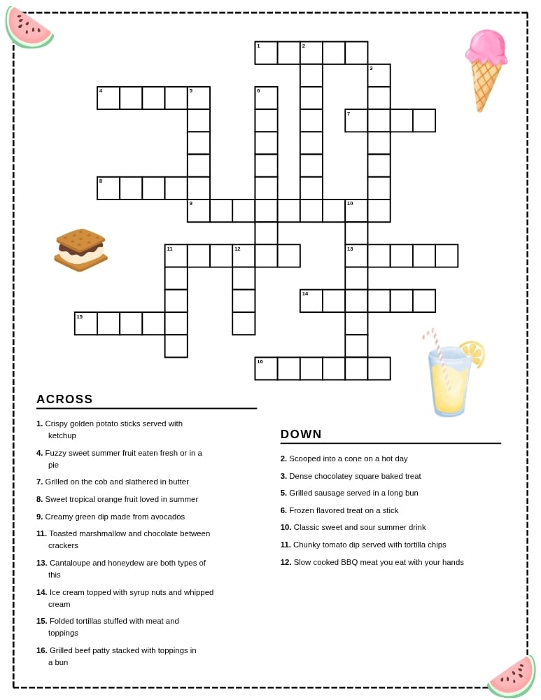 summer food crossword, seasonal treats word puzzle for children, homeschool literacy worksheet, PDF, instant download