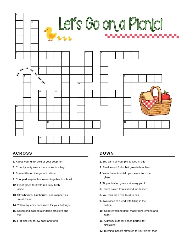 picnic crossword puzzle, outdoor theme word search game, summer camp printable activity, PDF, instant download