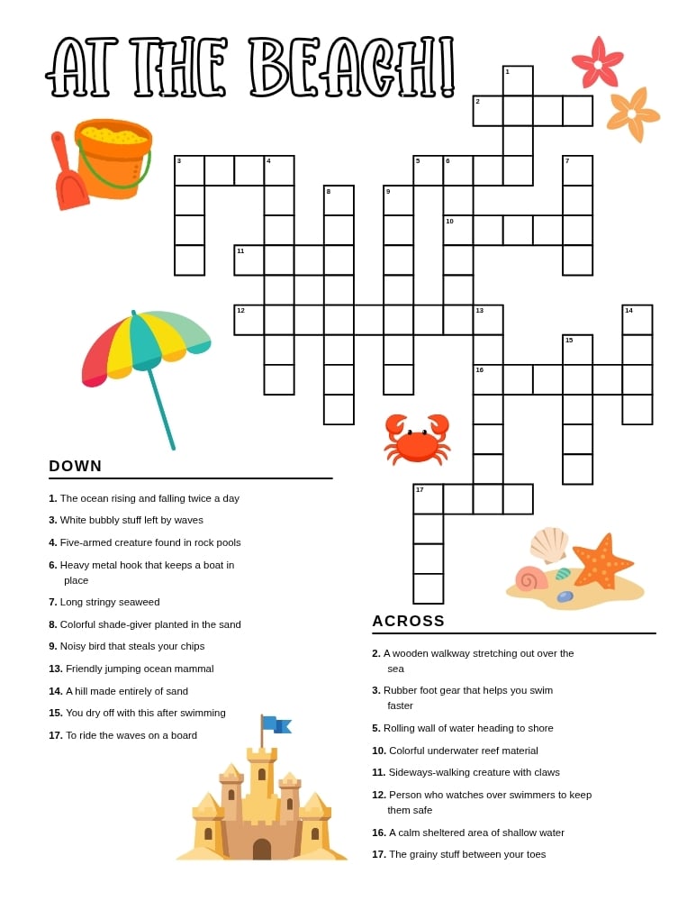 Beach crossword puzzle, ocean and seaside vocabulary game, kids summer printable sheet, PDF, instant download