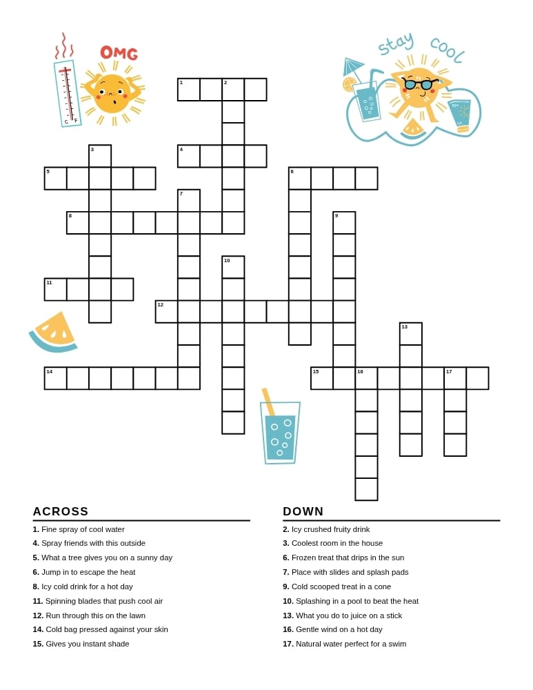 Stay cool crossword, warm weather themed puzzle for kids, fun seasonal brain teaser, PDF, instant download
