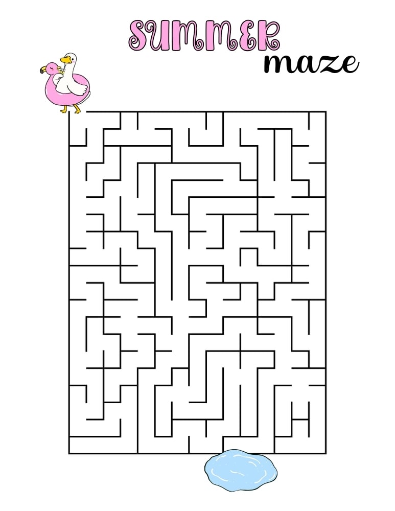 summer maze worksheet, fun seasonal problem solving game for children, classroom printable, PDF, instant download