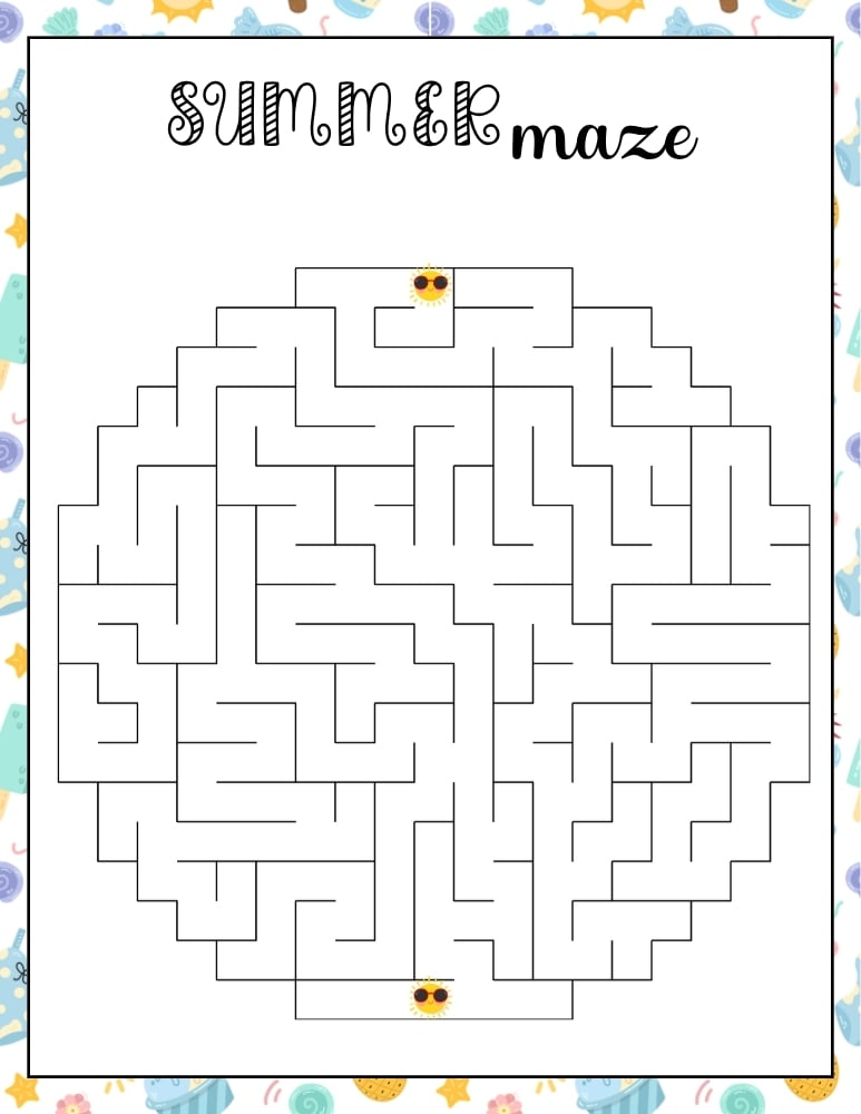 kids summer maze puzzle, printable summer mazes for rainy days, seasonal camp activity, PDF, instant download