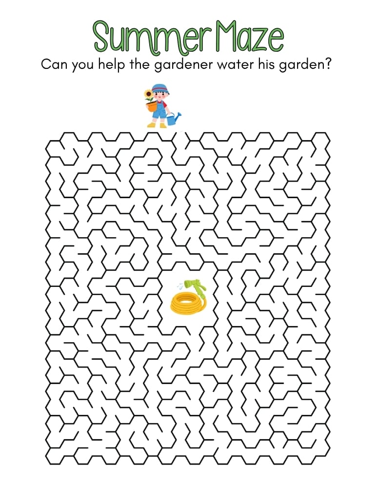 fun summer maze printable, kids vacation puzzle sheet, early learning travel game, PDF, instant download