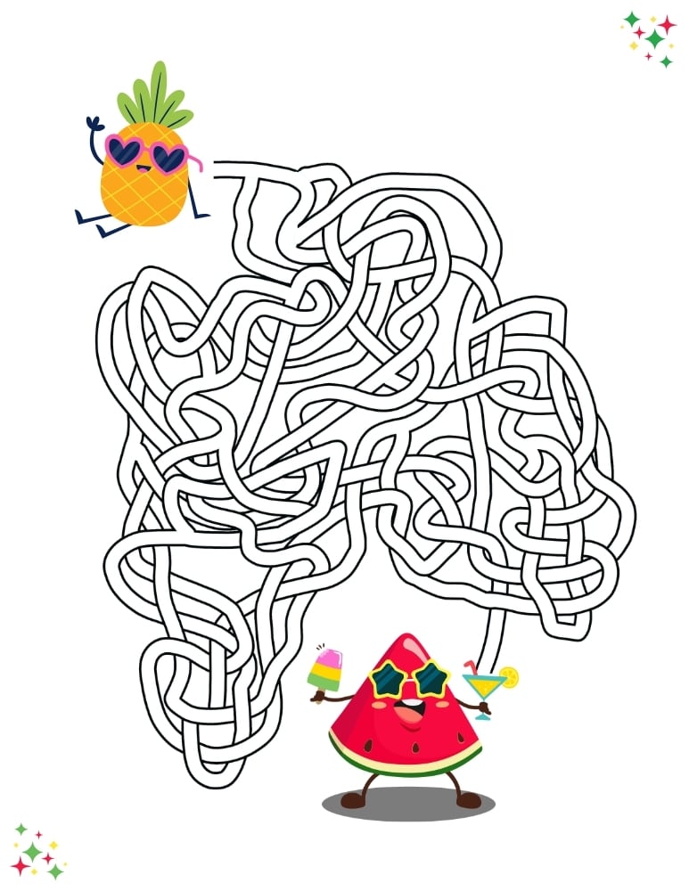summer maze puzzle page, printable seasonal logic worksheet, road trip activity, PDF, instant download