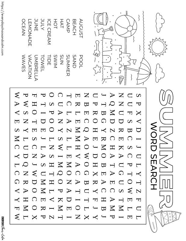easy summer word search coloring page