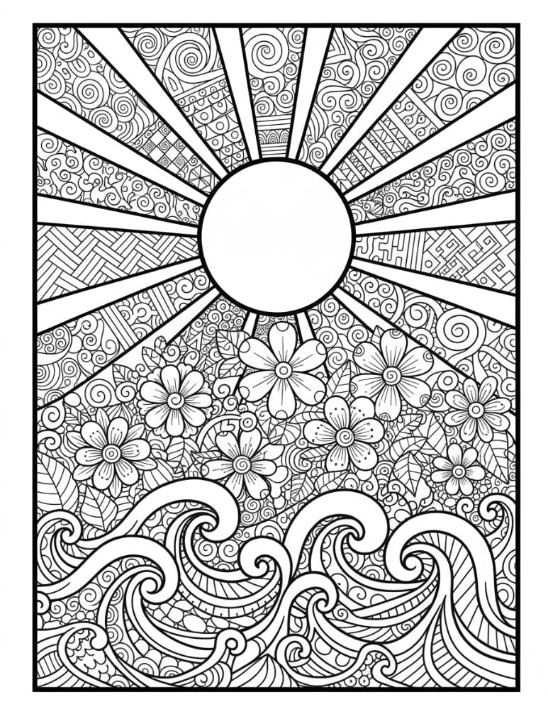 starburst zentangle sun coloring page, intricate abstract sun design, relaxing art printable, PDF, instant download