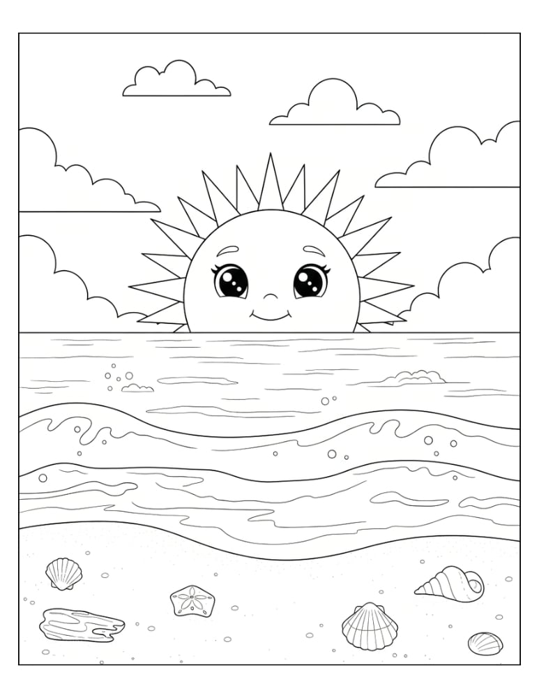 sunrise coloring page, morning sun rising landscape sheet, nature themed printable, PDF, instant download