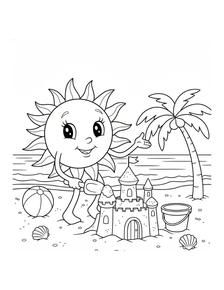 sun on beach coloring page, summer vacation seaside printable, kids ocean theme craft, PDF, instant download