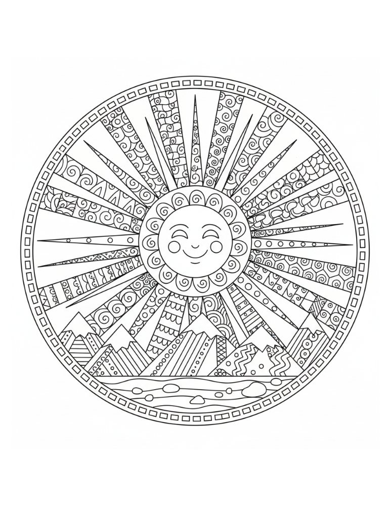 mandala sun coloring page, detailed geometric pattern art sheet, creative student reward printable, PDF, instant download
