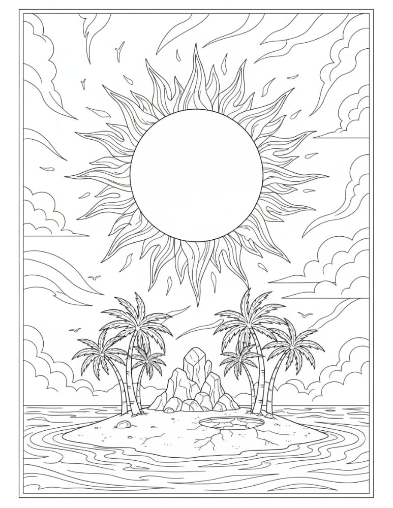 sun over island coloring page, tropical vacation scene outline, summer camp craft resource, PDF, instant download