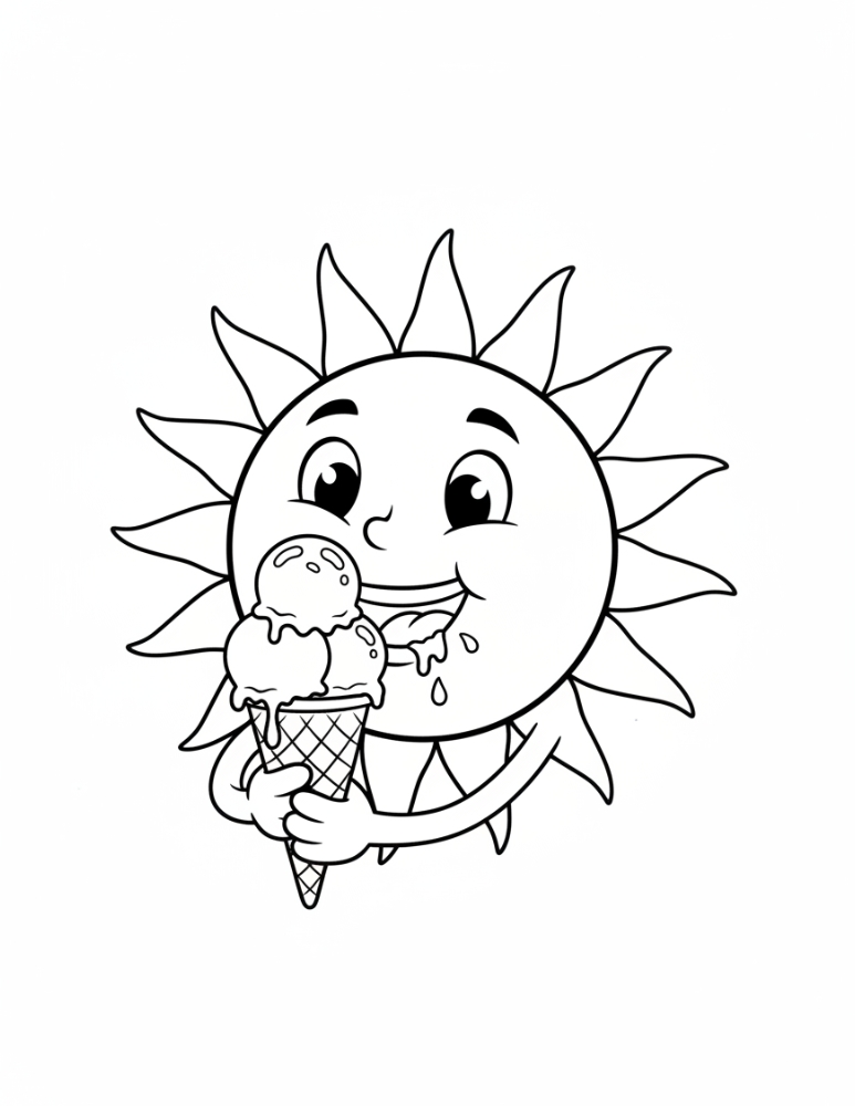 sun eating ice cream coloring page, whimsical hot summer day cartoon, toddler coloring sheet, PDF, instant download
