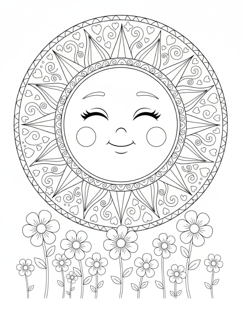 sun and flowers coloring page, cheerful spring garden graphic, homeschool art activity, PDF, instant download