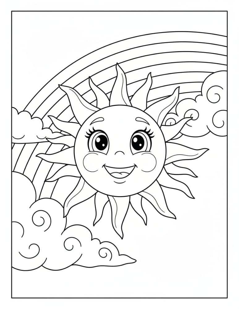 sun and rainbow coloring page, simple sky scenery for preschoolers, early learning coloring display, PDF, instant download